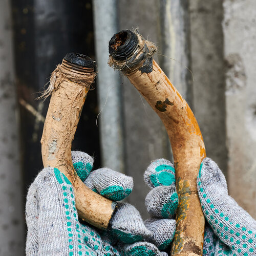 close-up of a plumber holding pieces of corroded, rusty pipe